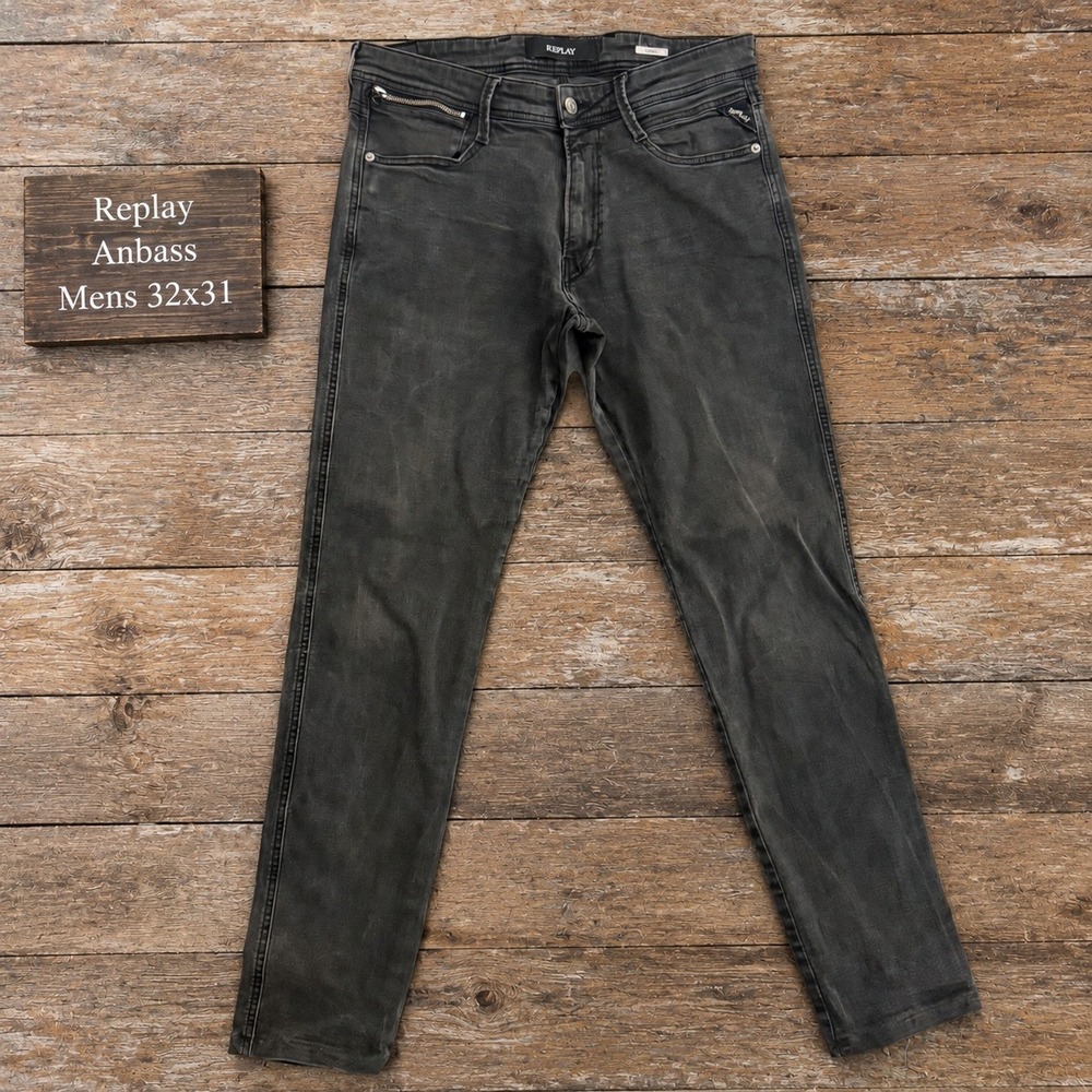 Replay Anbass Slim Fit Jeans Mens 32x31 Faded Black Denim Zipper Detail